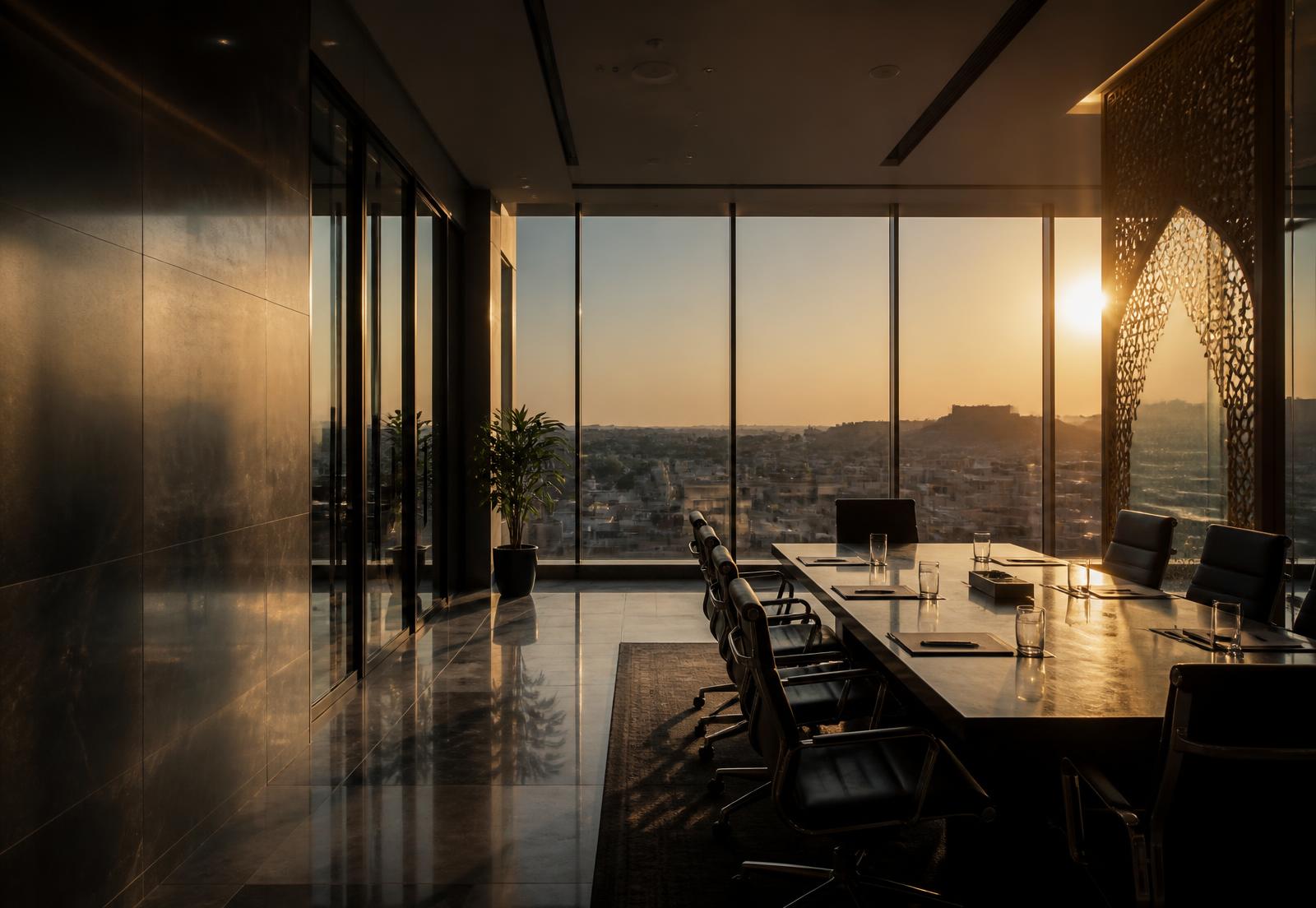 Sunlit boardroom overlooking Jaipur